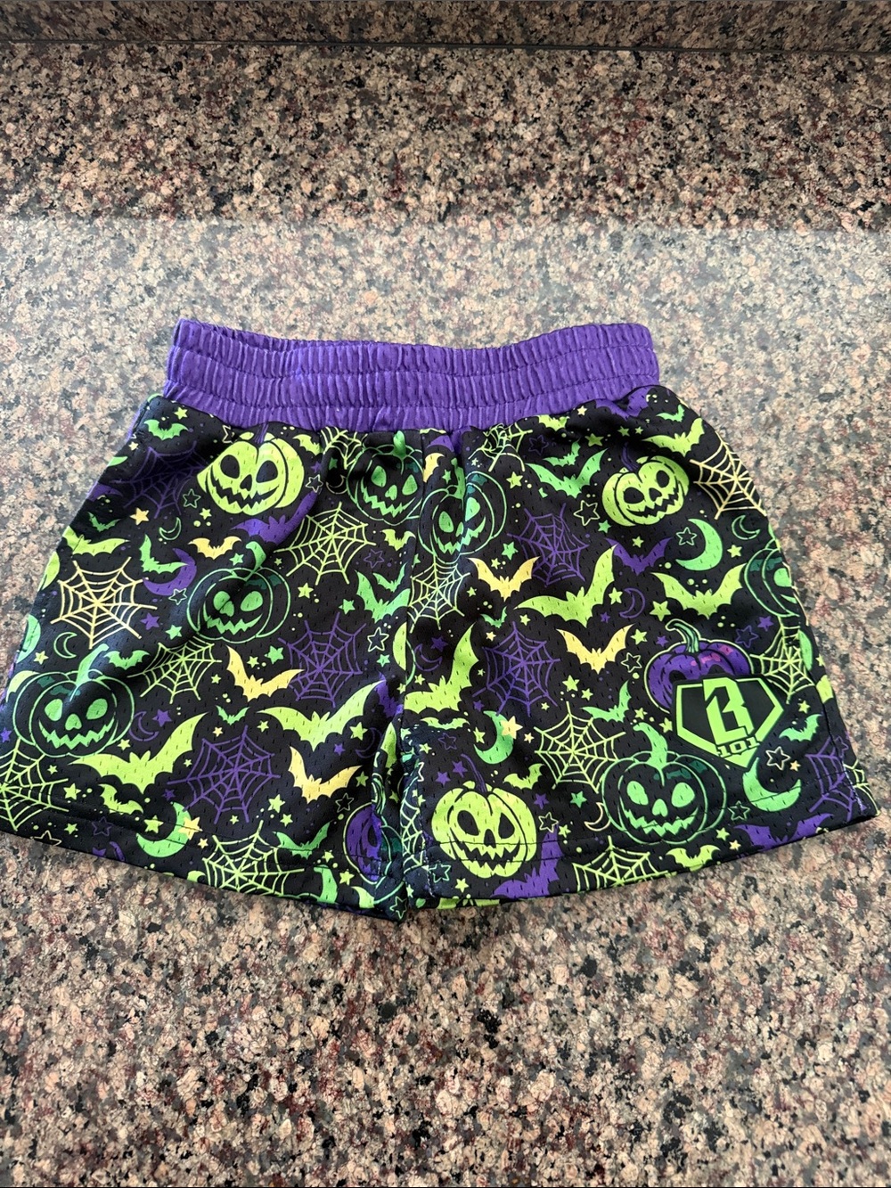 Kids Halloween Pumpkin & Bat Pull-On Shorts - Purple & Lime